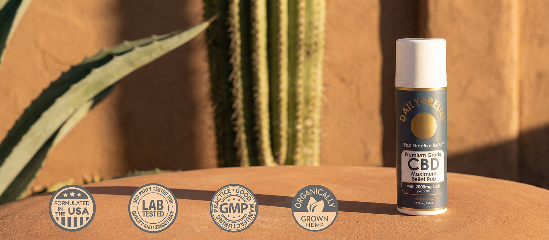 CBD product with certification logos on a wooden surface with plants in the background